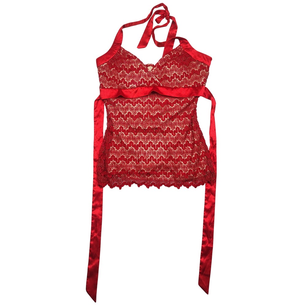 Studio Y Halter Top Women Large Red Metallic Lace Satin Tie ITM11067-80K Nylon